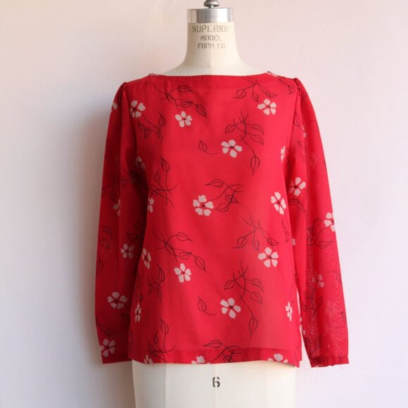 Vintage 1990s 2000s Blouse, Pant-her Red and White Floral Print Shirt Grandma - Picture 2 of 10